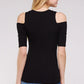Soft Ribbed Cold Shoulder Fitted Knit Top - Black