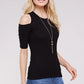 Soft Ribbed Cold Shoulder Fitted Knit Top - Black